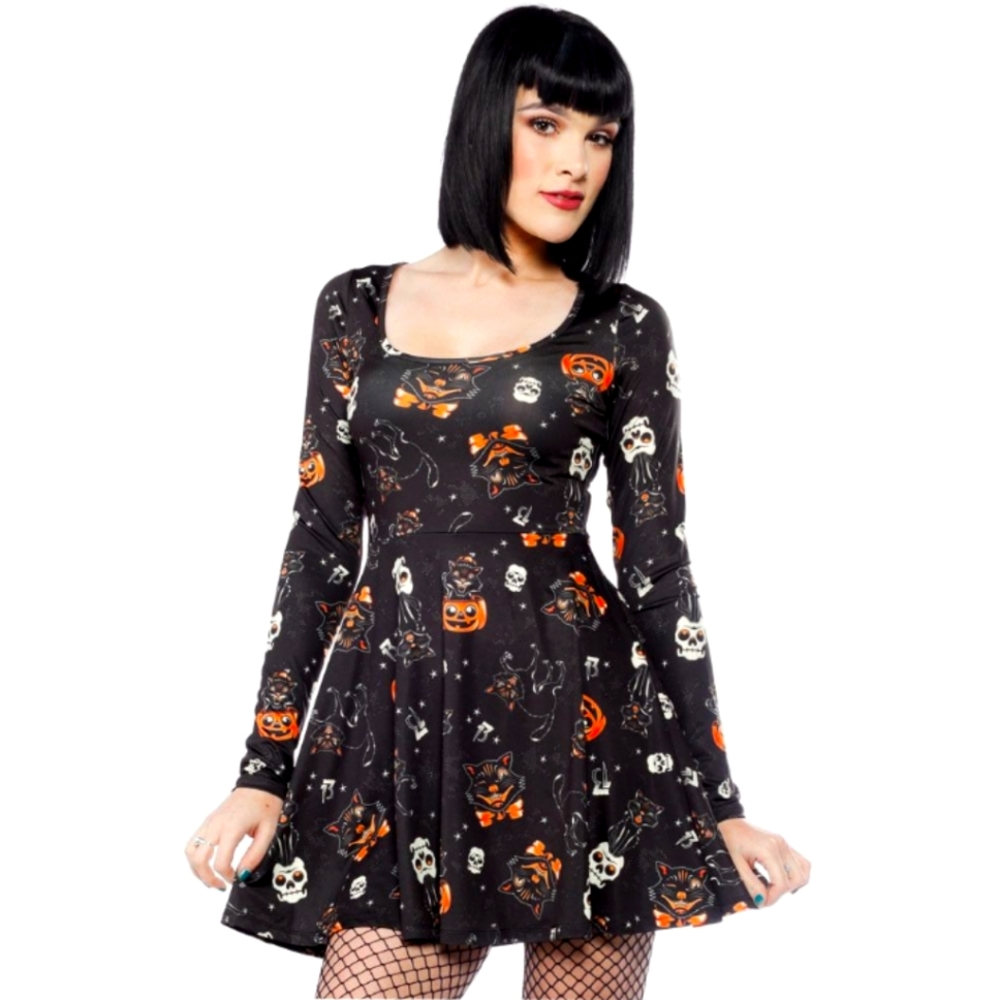 Size medium Sour Puss Halloween skater dress.